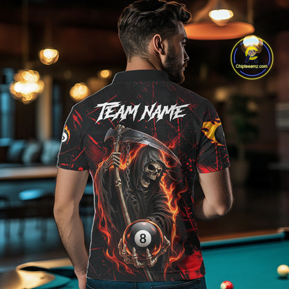 Fire Flame 8 Ball Pool Men Billiard Shirt Custom Red Grunge Grim Reaper Billiard Jersey For Pooler NYN3087