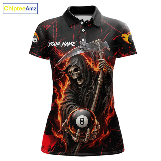 Fire Flame 8 Ball Pool Women Billiard Shirt Custom Red Grunge Grim Reaper Billiard Jersey For Pooler NYN3087