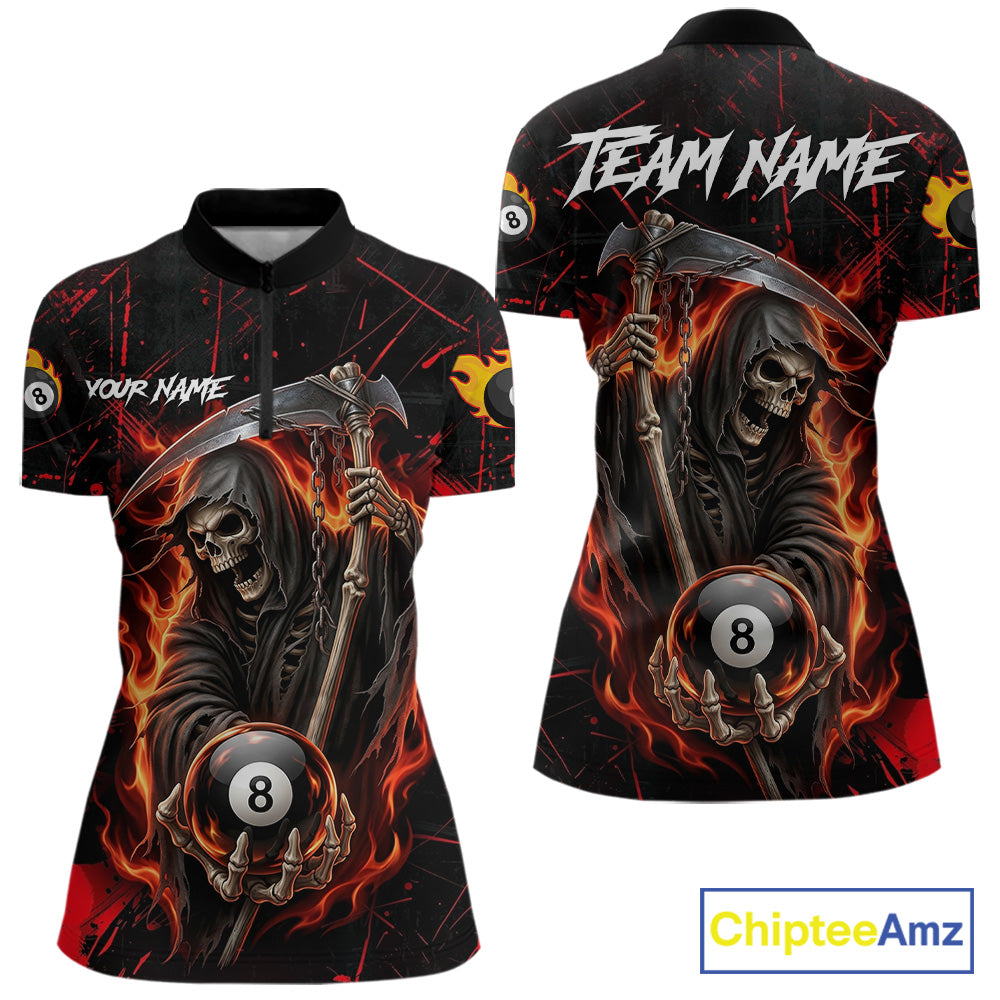 Fire Flame 8 Ball Pool Women Billiard Shirt Custom Red Grunge Grim Reaper Billiard Jersey For Pooler NYN3087