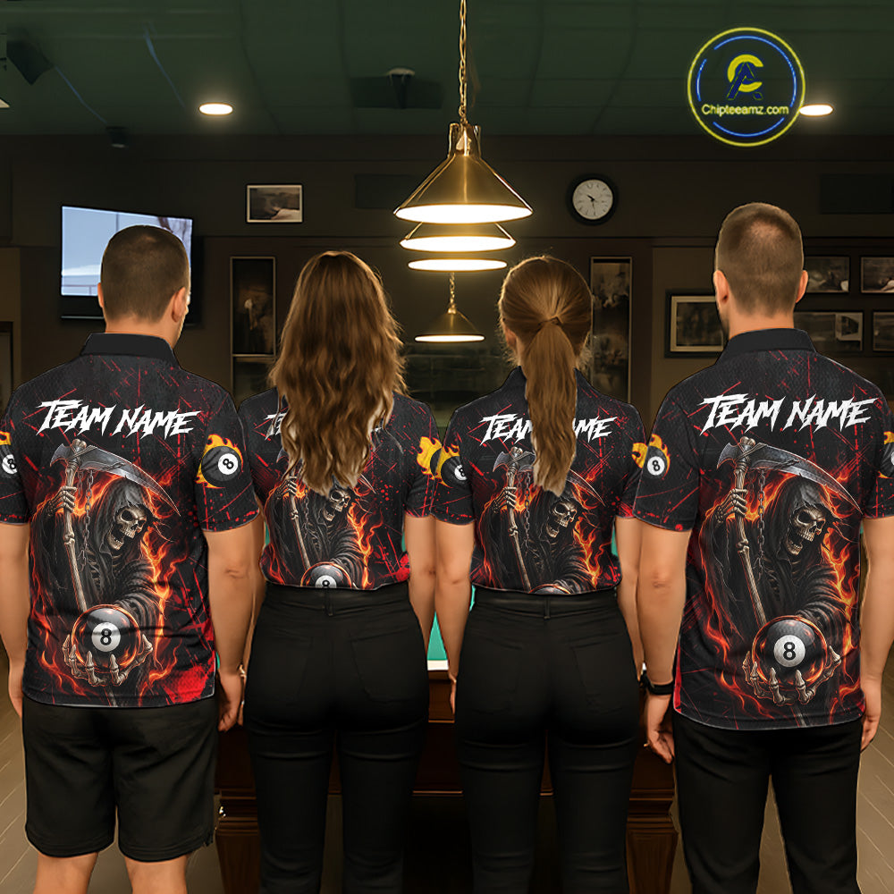 Fire Flame 8 Ball Pool Men Billiard Shirt Custom Red Grunge Grim Reaper Billiard Jersey For Pooler NYN3087