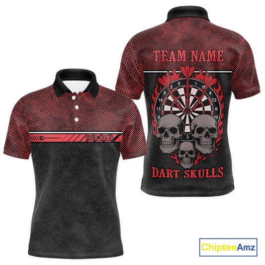 Men’s Custom Darts Shirt With Flaming Darts & Skulls And Crimson Halftone Pattern NYN0314