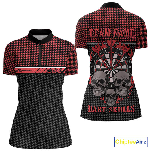 Women’s Custom Darts Shirt With Flaming Darts & Skulls And Crimson Halftone Pattern NYN0314