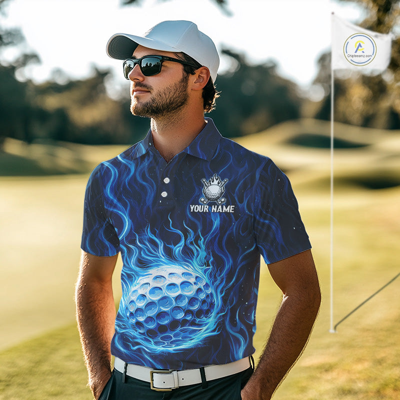Mens Golf Polo Shirt Personalized Fire Flame Golf Ball Clothing Golf Tops For Golfers | Blue NYN3259
