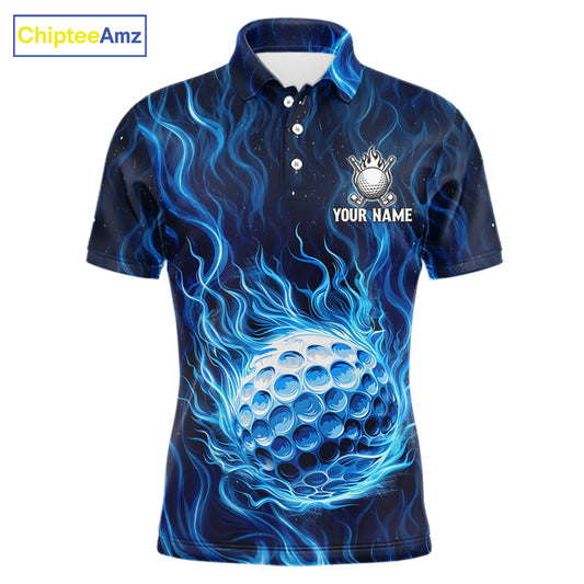 Mens Golf Polo Shirt Personalized Fire Flame Golf Ball Clothing Golf Tops For Golfers | Blue NYN3259