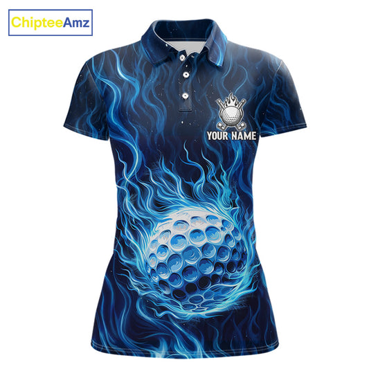 Womens Golf Polo Shirt Personalized Fire Flame Golf Ball Clothing Golf Tops For Golfers | Blue NYN3259
