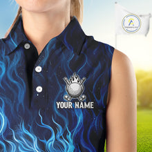 Load image into Gallery viewer, Womens Golf Sleeveless Polo Shirt Personalized Fire Flame Golf Ball Clothing Golf Tops For Golfers | Blue NYN3259