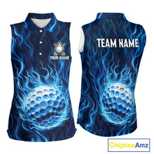 Load image into Gallery viewer, Womens Golf Sleeveless Polo Shirt Personalized Fire Flame Golf Ball Clothing Golf Tops For Golfers | Blue NYN3259