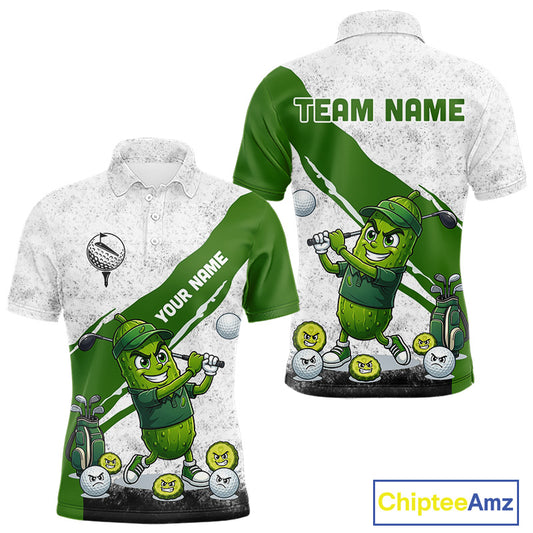 Funny Pickle Mens Golf Polo Team Shirt Custom Green And White Grunge Clothing Golf Tops NYN3261