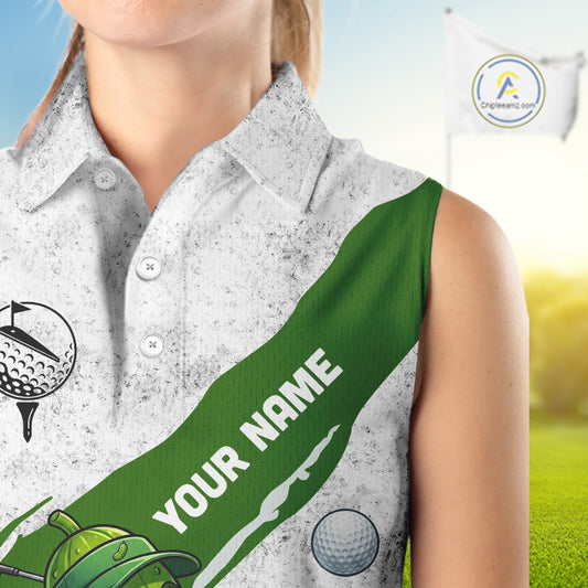 Funny Pickle Womens Golf Sleeveless Polo Shirt Custom Green And White Grunge Clothing Golf Tops NYN3261
