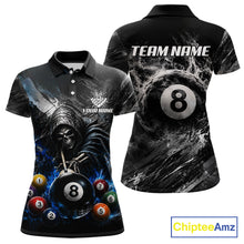 Load image into Gallery viewer, Blue White Smokes Grim Reaper women's billiard polo shirt custom 8 ball pool jersey, personalized billiards team uniform