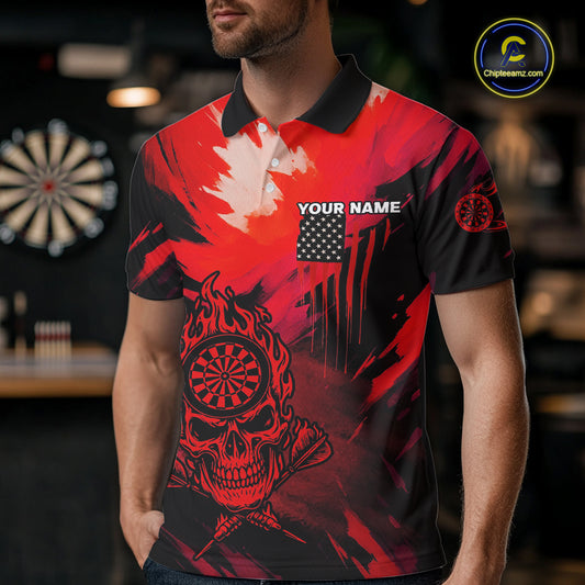 Custom Red Grunge Skull Dartboard Patriotic Dart Men Polo Jerseys US Flag Dart Shirt NYN1714