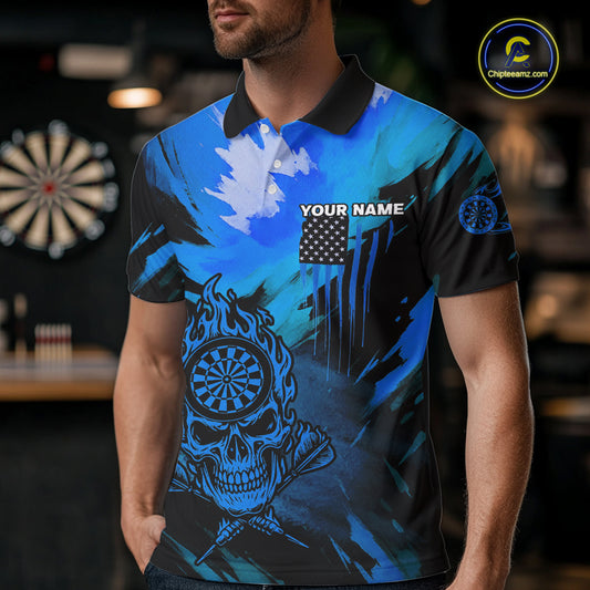 Custom Blue Grunge Skull Dartboard Patriotic Dart Men Polo Jerseys US Flag Dart Shirt NYN1715