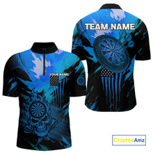 Load image into Gallery viewer, Custom Blue Grunge Skull Dartboard Patriotic Dart Men 1/4-Zip Jerseys US Flag Dart Shirt NYN1715