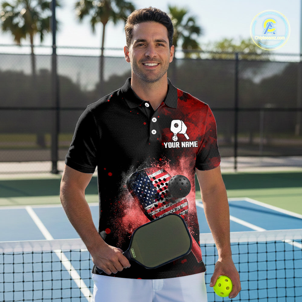 Custom Black And Red Paddle & Ball Pickleball Jerseys Men US Flag Pickleball Shirts NYN2222