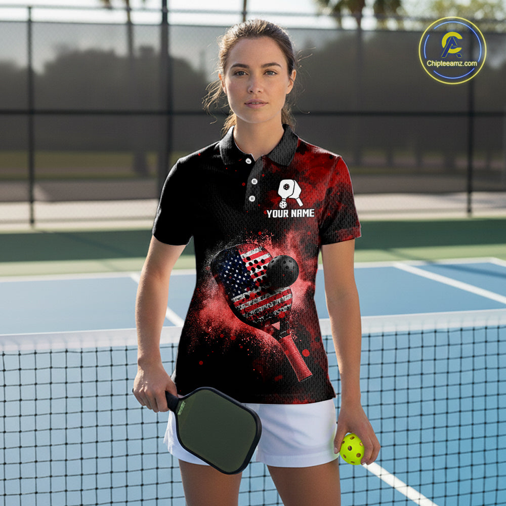Custom Black And Red Paddle & Ball Pickleball Jerseys Women US Flag Pickleball Shirts NYN2222