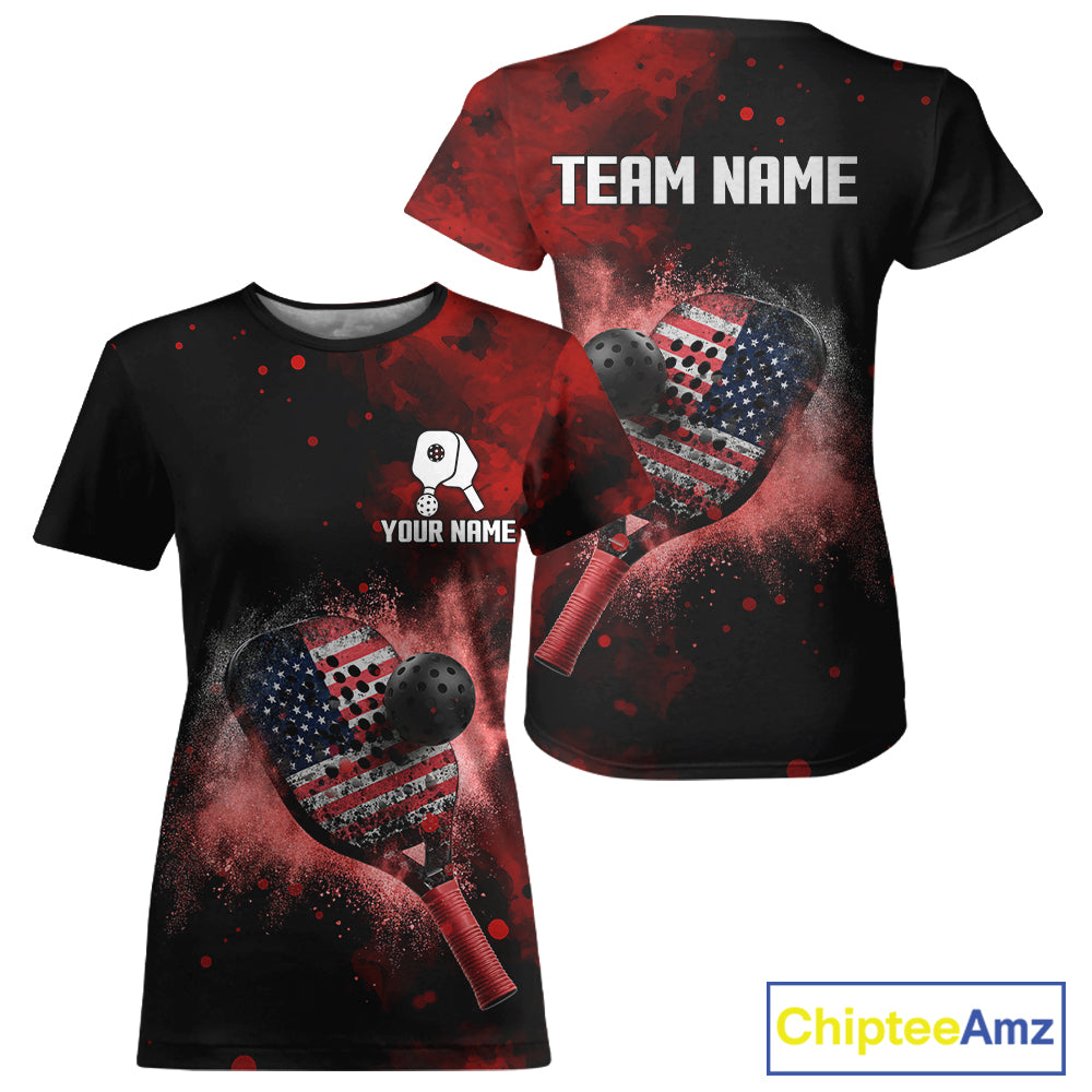 Custom Black And Red Paddle & Ball Pickleball Jerseys Women US Flag Pickleball Shirts NYN2222