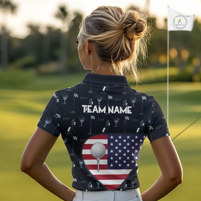 Personalized American Flag Womens Golf Polo Shirts Custom Patriotic Golf Ball Team Jerseys NYN3096