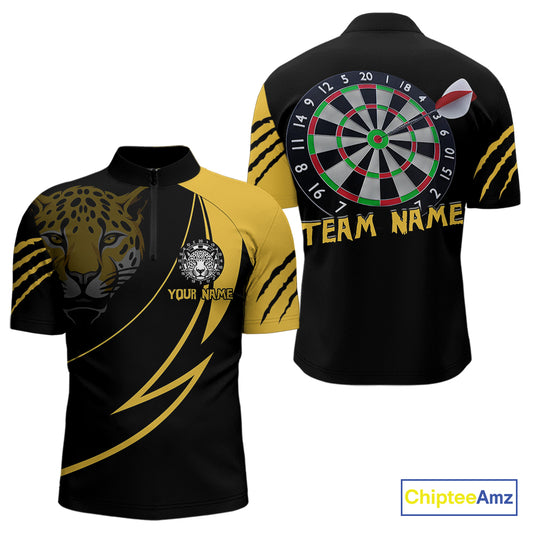 Men's Custom Darts Shirt - Yellow Panther With Dartboard & Arrow | Personalized Name NYN0323