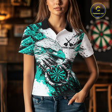 Load image into Gallery viewer, Female darts player wearing Custom Turquoise Grunge Eagle Scratch Dartboard darts jersey during league match and tournament competition, personalized dart apparel