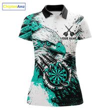 Load image into Gallery viewer, Custom Turquoise Grunge Eagle Scratch Dartboard women's darts polo shirt, personalized dart team jersey, custom dart uniform, dart league apparel, ladies dart shirt, tournament darts jersey, professional dartboard polo