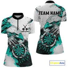 Load image into Gallery viewer, Custom Turquoise Grunge Eagle Scratch Dartboard women's quarter zip darts shirt, personalized dart team jersey, custom darts apparel, competitive darts uniform, dartboard quarter zip shirt