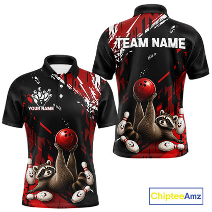 Funny Raccoon Bowling Polo featuring personalized player name, raccoon mascot artwork, moisture-wicking bowling apparel, fun league uniform, custom tournament jersey.
