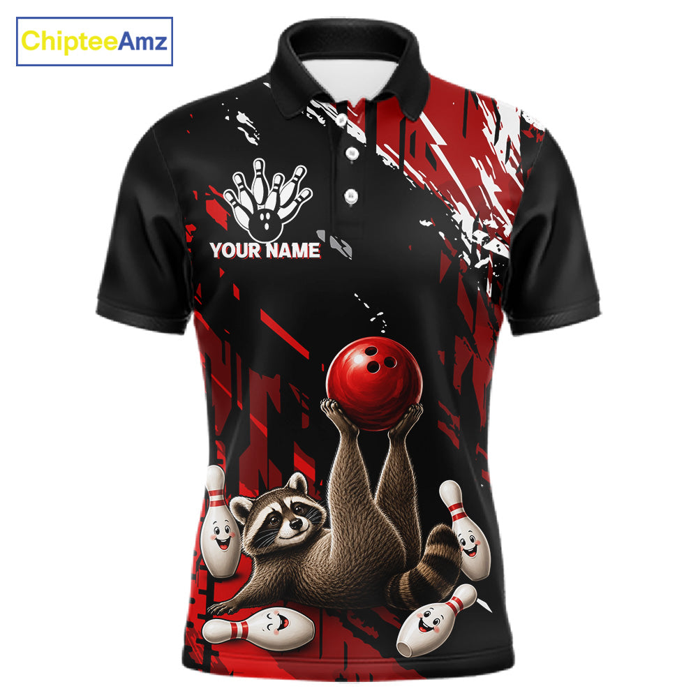 Funny Raccoon Bowling Polo featuring personalized player name, raccoon mascot artwork, moisture-wicking bowling apparel, fun league uniform, custom tournament jersey.