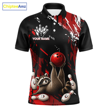 Funny Raccoon Bowling Polo featuring personalized player name, raccoon mascot artwork, moisture-wicking bowling apparel, fun league uniform, custom tournament jersey.