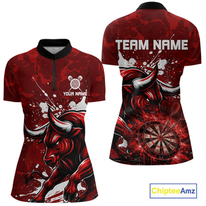 Custom White And Red Splatter Darts Polo & 1/4 Zip Shirt For Women Funny Bull Darts Team Jerseys NYN2891