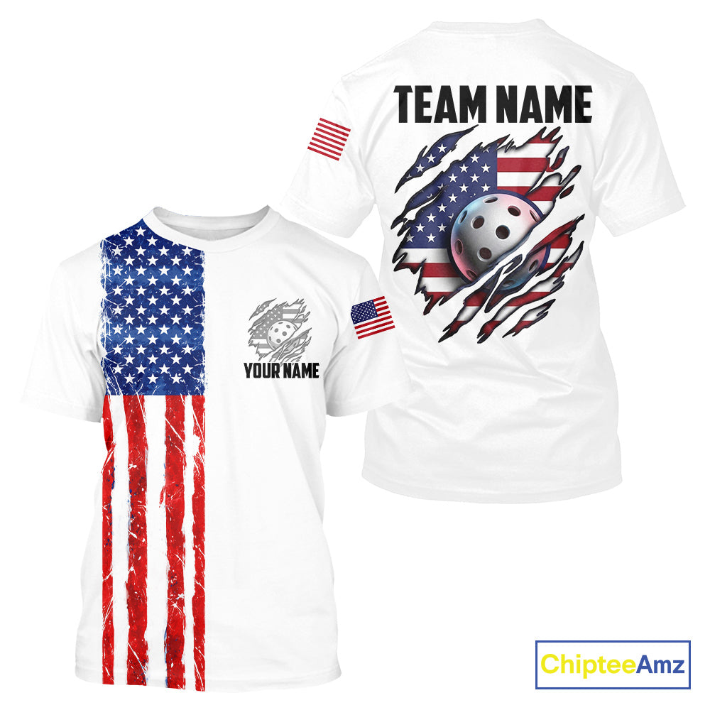 Custom Grunge US Flag Pickleball Shirts For Men Torn Patriotic Pickleball Shirt With Team Name NYN3106