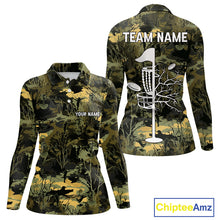 Load image into Gallery viewer, Disc Golf Basket Green Leaf Camo Womens Disc Golf Polo Shirts Custom Disc Golf Jerseys Team For Women NYN3114