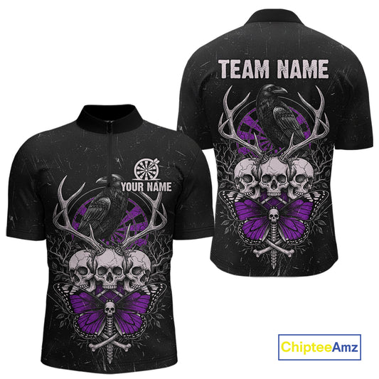 Purple Skulls Butterfly Grunge Dartboard Custom Darts Quarter-Zip Shirt For Men Retro Dart Gifts NYN2003