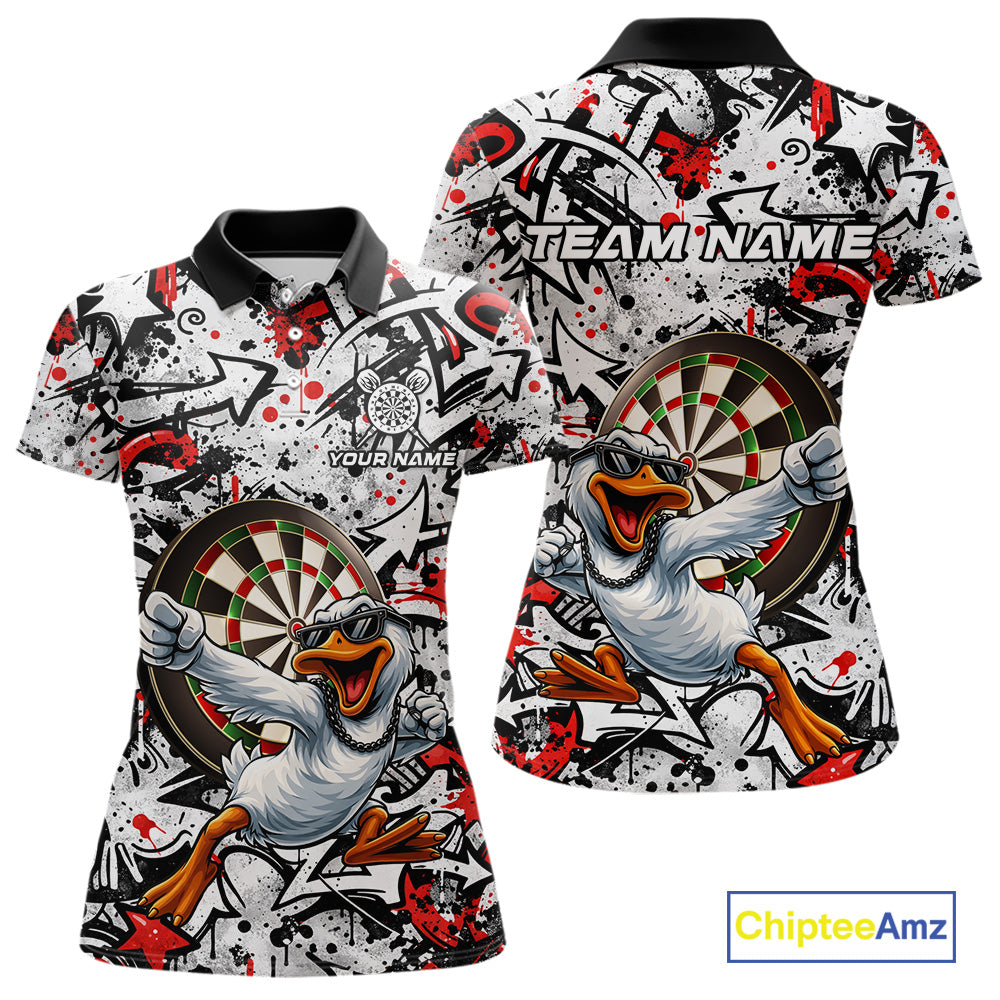 Personalized White & Red Graffiti Darts Women Polo & 1/4-Zip Dart Shirt Funny Duck Dart Team Jerseys NYN2901
