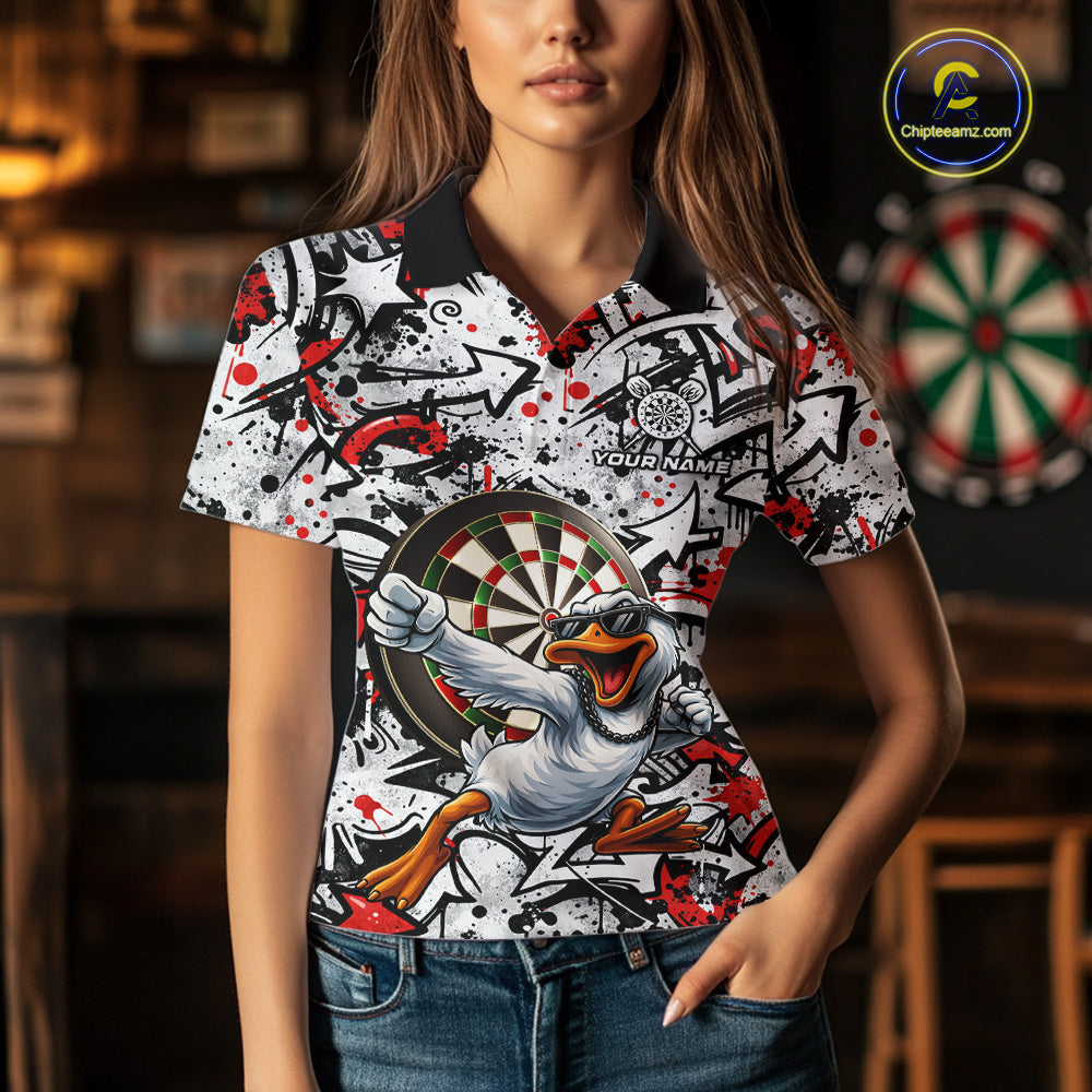 Personalized White & Red Graffiti Darts Women Polo & 1/4-Zip Dart Shirt Funny Duck Dart Team Jerseys NYN2901
