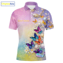 Load image into Gallery viewer, Colorful Butterfly Mens Golf Polo Shirt Custom Name Floral Watercolor Golf Shirts NYN2905