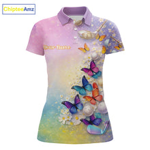Load image into Gallery viewer, Colorful Butterfly Womens Golf Polo Shirt Custom Name Floral Watercolor Golf Shirts NYN2905