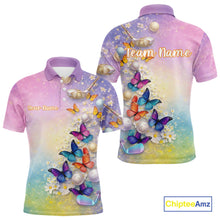 Load image into Gallery viewer, Colorful Butterfly Mens Golf Polo Shirt Custom Name Floral Watercolor Golf Shirts NYN2905