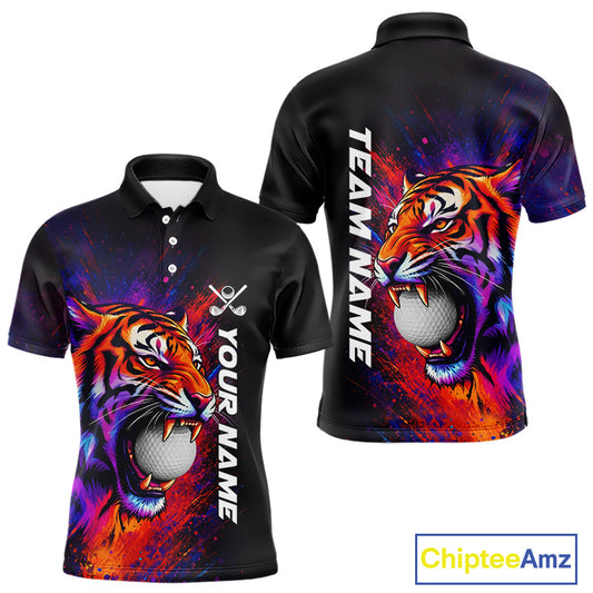 Colorful Tiger men's golf polo shirt, splatter golf apparel, tiger golf shirt, custom golf team uniform, golf gift for men