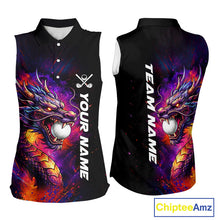 Load image into Gallery viewer, Colorful Dragon women's golf polo shirt, dragon golf apparel, splatter golf team shirt, ladies golf clothing