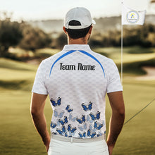 Load image into Gallery viewer, Blue Pattern Butterfly Mens Golf Polo Shirt Custom Name White Ball Golf Clothes Shirts NYN2909