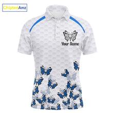 Load image into Gallery viewer, Blue Pattern Butterfly Mens Golf Polo Shirt Custom Name White Ball Golf Clothes Shirts NYN2909