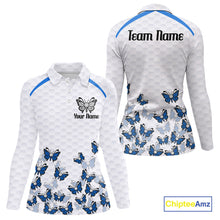 Load image into Gallery viewer, Blue Pattern Butterfly Womens Golf Polo Shirt Custom Name White Ball Golf Clothes Shirts NYN2909