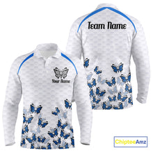 Load image into Gallery viewer, Blue Pattern Butterfly Mens Golf Polo Shirt Custom Name White Ball Golf Clothes Shirts NYN2909