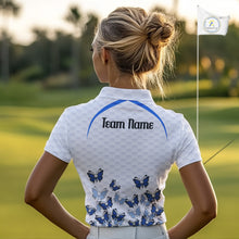 Load image into Gallery viewer, Blue Pattern Butterfly Womens Golf Polo Shirt Custom Name White Ball Golf Clothes Shirts NYN2909