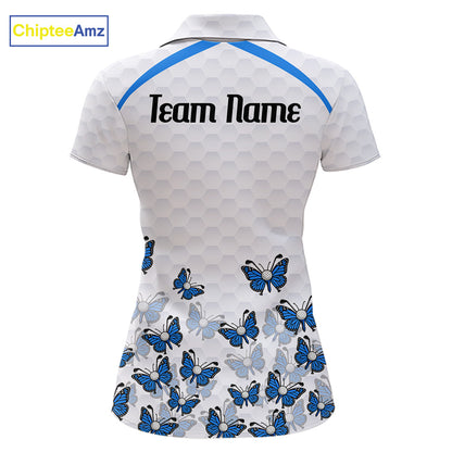 Blue Pattern Butterfly Womens Golf Polo Shirt Custom Name White Ball Golf Clothes Shirts NYN2909