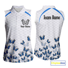 Load image into Gallery viewer, Blue Pattern Butterfly Womens Sleeveless Golf Polo Shirt Custom Name White Ball Golf Clothes Shirts NYN2909
