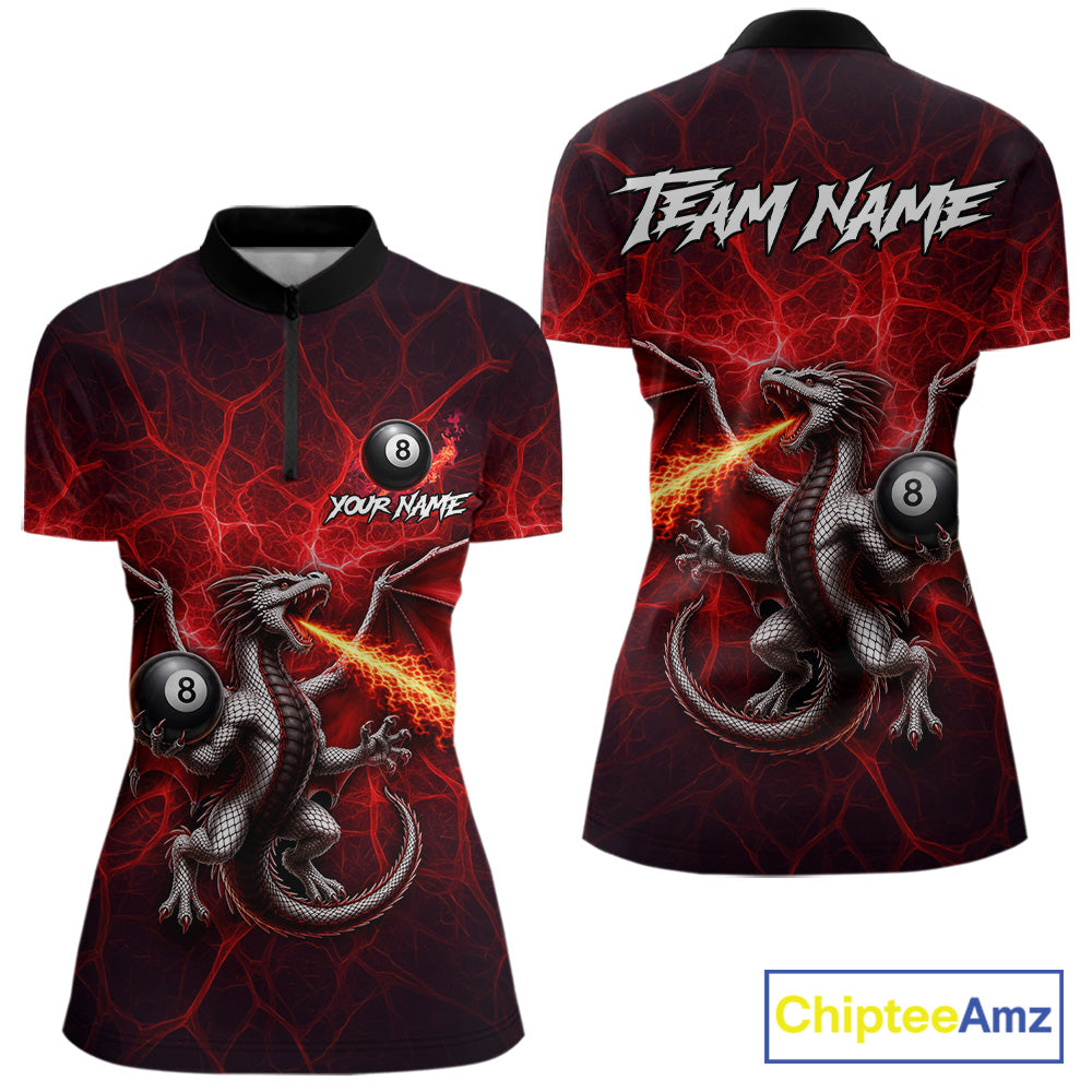 Custom Red Flaming Dragon 8 Ball Billiard Polo Shirts For Women, Dragon Billiard Tournament Team Shirt NYN3289