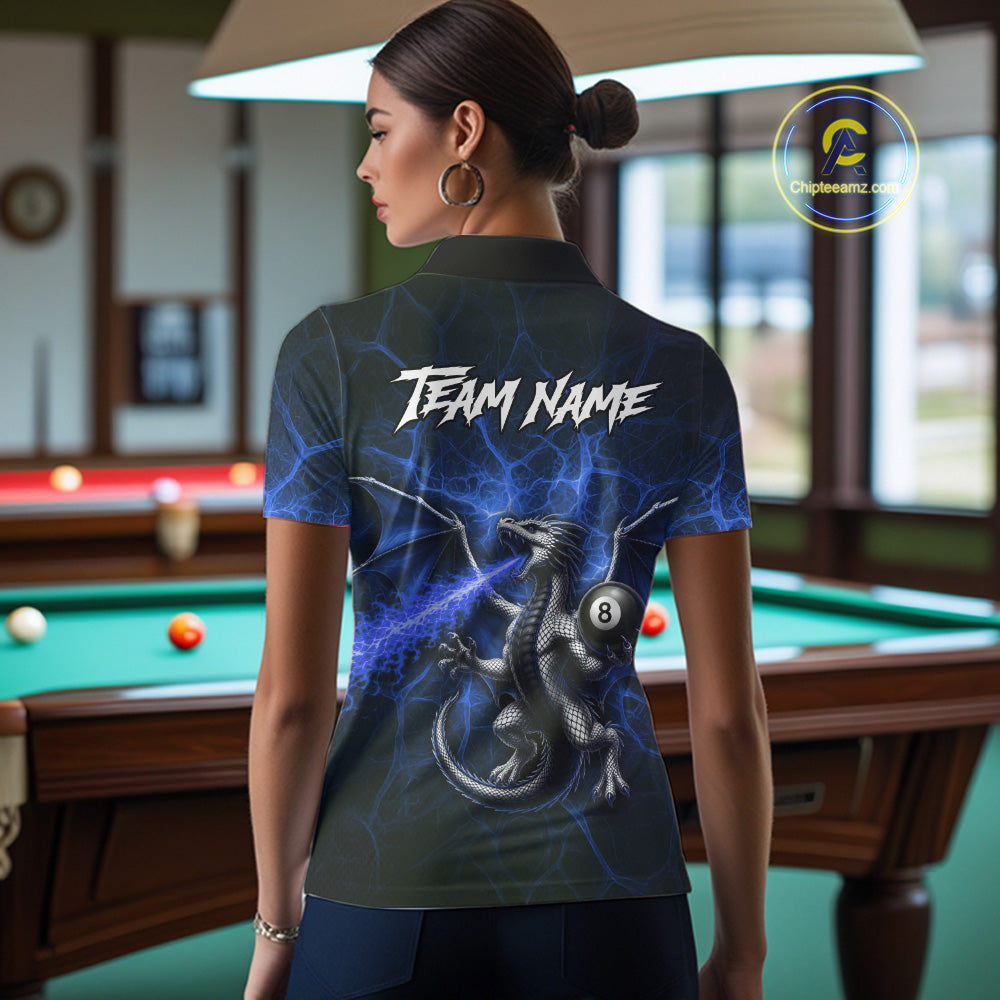 Custom Blue Flaming Dragon 8 Ball Billiard Polo Shirts For Women, Dragon Billiard Tournament Team Shirt NYN3290