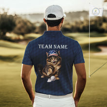 Load image into Gallery viewer, Male golfer wearing funny cat American flag golf polo shirt, personalized golf apparel, patriotic golf outfit