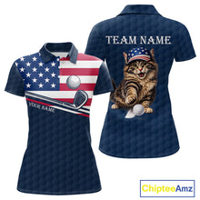 Load image into Gallery viewer, Women's funny cat golf short sleeves polo shirt, American flag golf apparel, custom name golf shirt, patriotic golf clothing, golf team uniform
